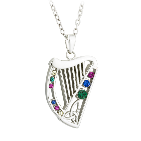 Irische Kette mit Anhänger Harfe rhodiniert mit Kristallen
