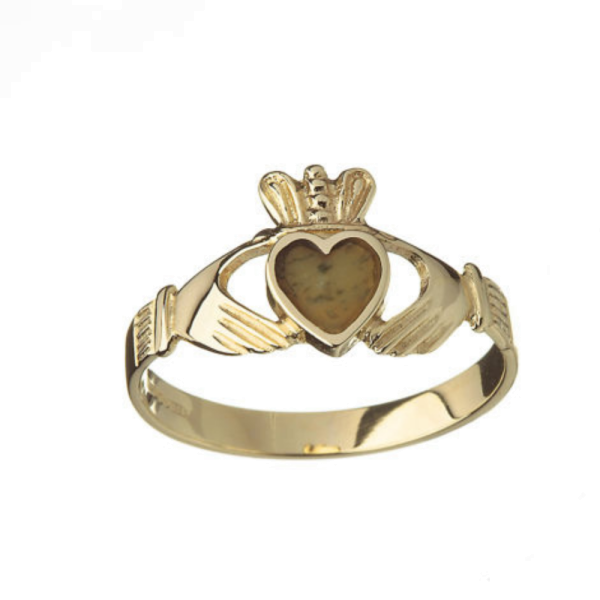 Irischer Claddagh Ring Damen mit Connemara Marmor aus 10 Karat Gold 416