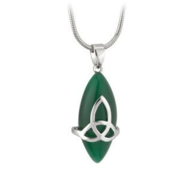 Keltischer Anhänger Trinity Knot mit grünem Stein rhodiniert