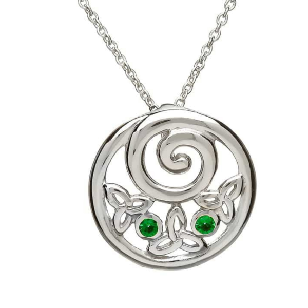 Irische Kette Trinity Knot rund Silber mit grünem Zirkon